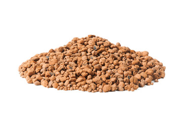 Pile of Closeup Heat expanded clay pebbles used construction materials on white isolated background