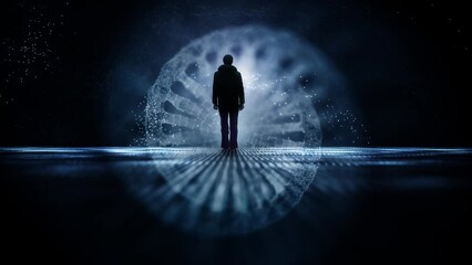 Man standing in science network with dna chain loop animation background. - Powered by Adobe
