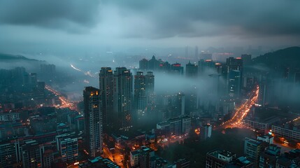 Foggy Cityscape at Night in Hong Kong, To convey the moody and atmospheric ambiance of a rainy, foggy night in a bustling city like Hong Kong - obrazy, fototapety, plakaty