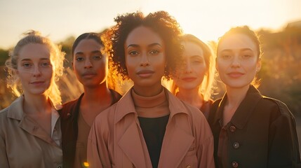 Four Female Friends Posing at Sunset in a Field, To convey a message of friendship, empowerment,...