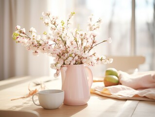 Easter holiday home decoration, house interior decor for springtime, detailed decorative arrangement with flowers and eggs