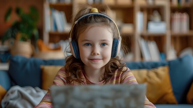 Girl Sitting on Couch Listening to Music on Laptop, This image showcases the modern trend of children using technology for entertainment and learning