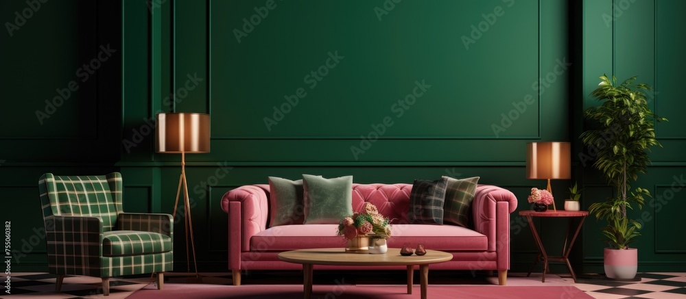 Wall mural this living room features dark green walls, a checkered floor, a coffee table, and a vibrant pink co