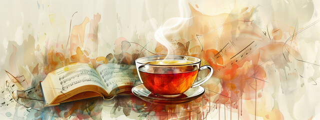 Double exposure of cup of tea and book with music, harmonizing the rich notes of the drink with the symphony of melodies. Water color paintingstyle. - 755060305