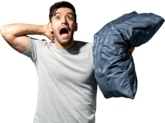 Screaming Caucasian man with pillow PNG file no background 