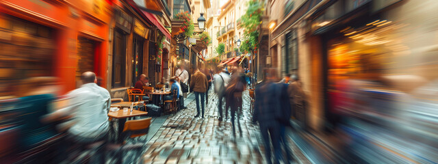 European street, blending architectural charm with the warmth and togetherness of community. People in blurred motion. - 755060379