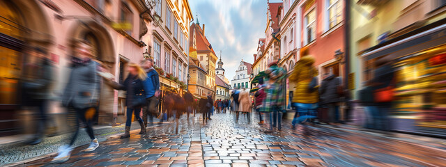 European street, blending architectural charm with the warmth and togetherness of community. People in blurred motion. - 755060388