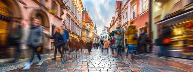 Schilderijen op glas European street, blending architectural charm with the warmth and togetherness of community. People in blurred motion. © Pink Badger