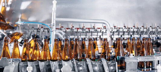 Closeup brown bottles for beer on modern, automated bottling production line in brewery. Process...