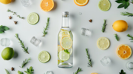 Overhead view of a water bottle with lemon and lime slices arranged with herbs and ice on a white surface