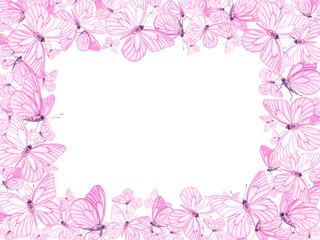 Obraz na płótnie Canvas Butterflies pink horizontal frame border. Watercolour decor hand drawn illustration. Painted elements insect with wings. Isolated background. Greeting cards, decoration, postcard.