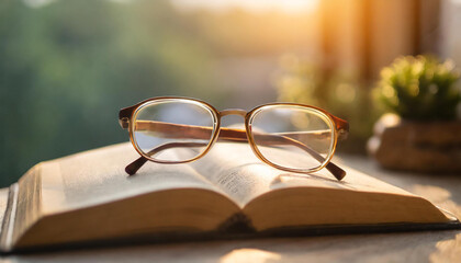 Reading glasses on book. Education concept. Blurred natural background.