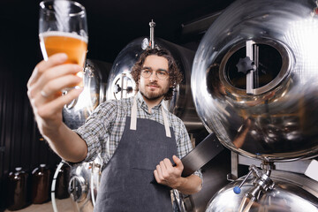 Bearded hipster man brewer in apron hold glass and control quality of beer from tank. Concept owner...