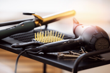 Professional hairdresser set tools for beauty hair care, hairstyle banner. Dryer, curling iron and...