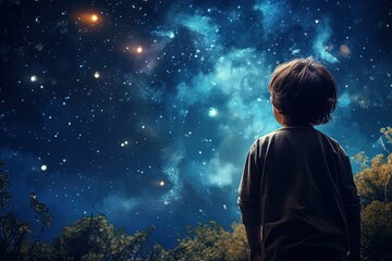 Fototapeta na wymiar Kid dreaming of spaceflight on sky background