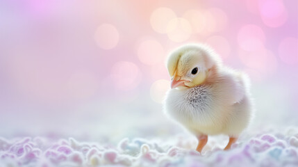 Cute little chicken isolated on studio pastel background. Copy space. 