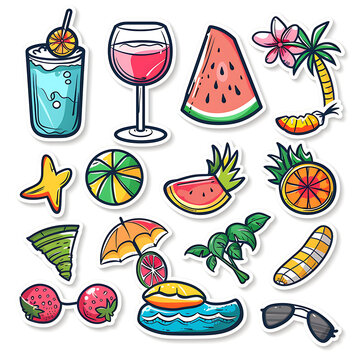 Set icon stickers for summer festivals on white background.