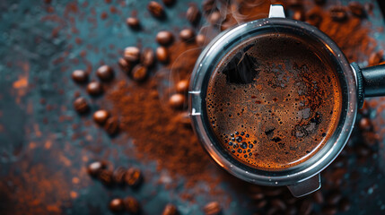 Detailed and atmospheric shot of coffee brewing in a French press, framed by whole coffee beans and vibrant blue surface