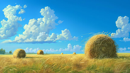 Bale of hay on a mown field against a blue sky, illustration - obrazy, fototapety, plakaty