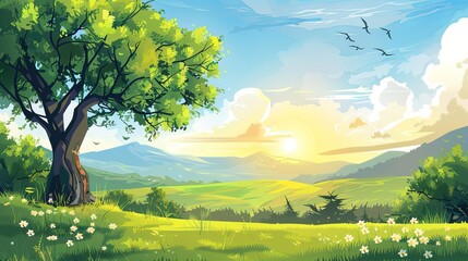 Beautiful treen and grassland landscape with sunrise. Summer season morning illustration scene