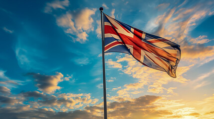 Flag of the United Kingdom of Great Britain and the North against a beautiful northern sky with magnificent clouds at sunset, NATO summit in Europe, participant flags with space for concept - obrazy, fototapety, plakaty