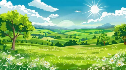 Summer landscape with meadow and trees. Beautiful green scenery with sunshine and a cloudy sky