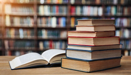 Stack of books on table with blurred library background.