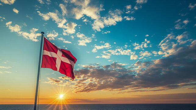 Banner with the flag of the Kingdom of Denmark against the backdrop of a beautiful northern sky with magnificent clouds at sunset, NATO summit in Europe, participant flags with space for concept - Powered by Adobe