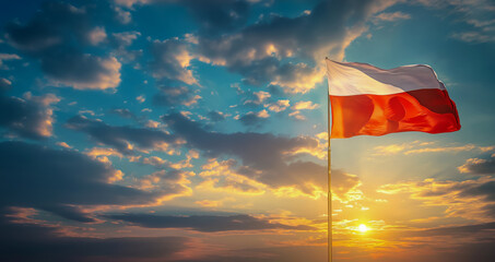 Poland flag poster against a beautiful northern sky with magnificent clouds at sunset, NATO summit...