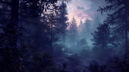 dense mysterious forest in the fog