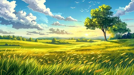 Summer season landscape with big beautiful tree grass  meadows and sky