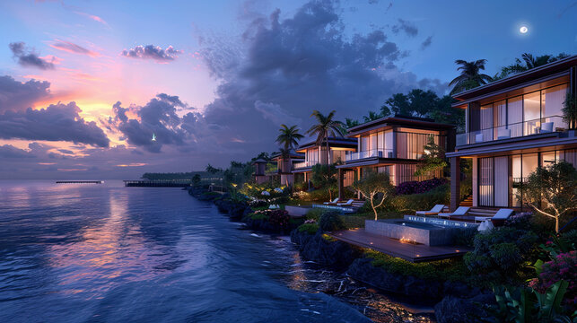 
As the sun sets, charming wooden houses on the water enhance the beauty of an island with a prominent palm tree
