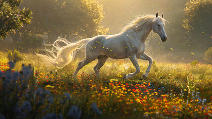 Regal Arabian horse prancing in a sunlit meadow - obrazy, fototapety, plakaty