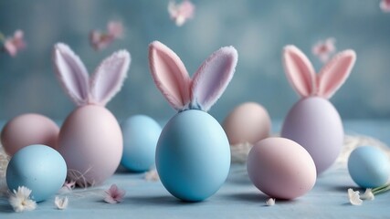 Easter Celebration. Adorable Pastel Blue and Pink Bunny-Eared Eggs on Pastel Blue Background Wallpaper. - obrazy, fototapety, plakaty