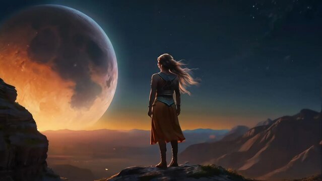 A woman gazes up at the radiant glow of the full moon, captivated by its mesmerizing beauty. Seamless looping 4k timelapse virtual video animation background generated AI 
