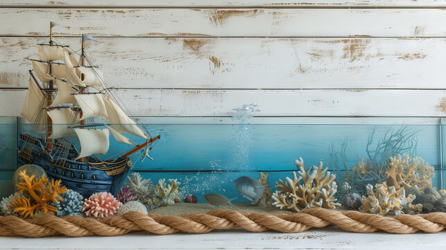 
A maritime scene unfolds with a sailboat, corals, and rope arranged on a wooden board, creating a captivating marine background