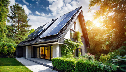New modern eco friendly passive house with solar panels on the gable roof and photovoltaic system on the roof and landscaped yard. - obrazy, fototapety, plakaty