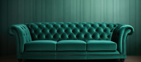 Obraz premium A classic green couch with velvet upholstery sits elegantly against a wall in a room. The royal vintage design features button accents and quilted detailing, adding a touch of luxury to the home decor