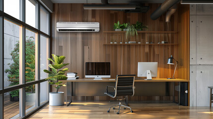 Air conditioner on the wall of a cozy office - obrazy, fototapety, plakaty