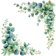 Watercolor Eucalyptus wreath leaves and branche frame, for wedding stationary, greetings, wallpapers, fashion, background. Eucalyptus, olive, green leaves elegant isolated transparent background, PNG.