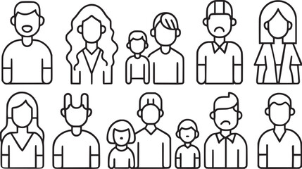 Man vector icons set and  family types structures. Editable vector stroke.