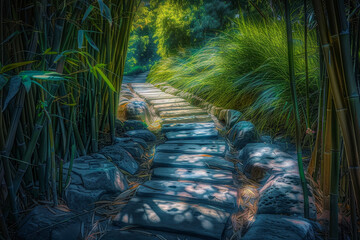A stone path winds through a bamboo grove. Sunlight filters through the leaves, dappling the ground.