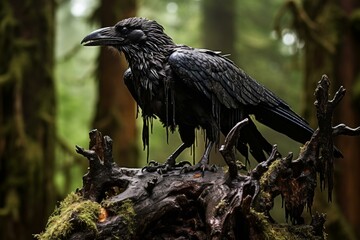 Fototapeta premium Eerie Raven on old stump. Nature avian fly beak forest. Generate Ai
