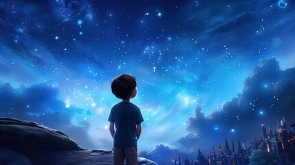 Fototapeta na wymiar Kid dreaming of spaceflight on sky background