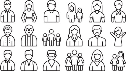Man vector icons set and  family types structures. Editable vector stroke.