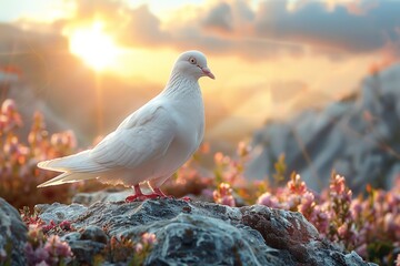 A serene scene unfolds at the graveyard as a white dove with outstretched wings perches gracefully atop a cross, symbolizing peace and hope amidst the tranquility of dawn