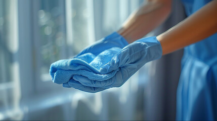 Blue gloved cleaning service professional. woman's hand in a glove wipes dust.