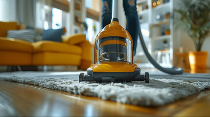 Cleaning carpet of vacuum cleaner in the room. Modern orange vacuum cleaner lifestyle interior.