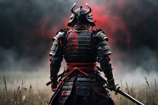 Dark image of Samurai In field. Misty and eerie atmosphere. Japanese Samurai Background.