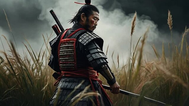Dark image of Samurai In field. Misty and eerie atmosphere. Japanese Samurai Background.